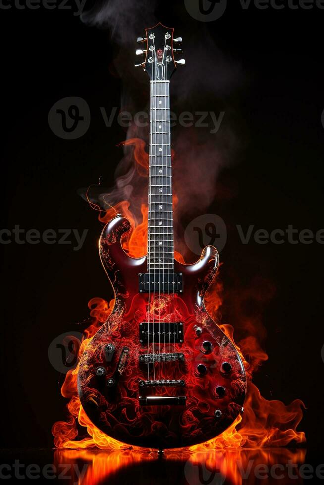 ai gerado uma vertical imagem do uma legal graves guitarra queimando com uma quente chama em uma Preto fundo. Rocha metal punk fundo foto