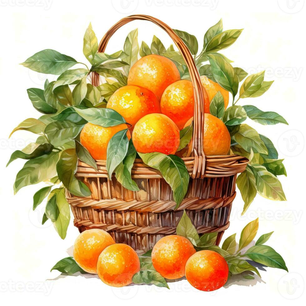 ai gerado aguarela ilustração do maduro laranja frutas ou tangerinas dentro uma cesta em branco fundo foto