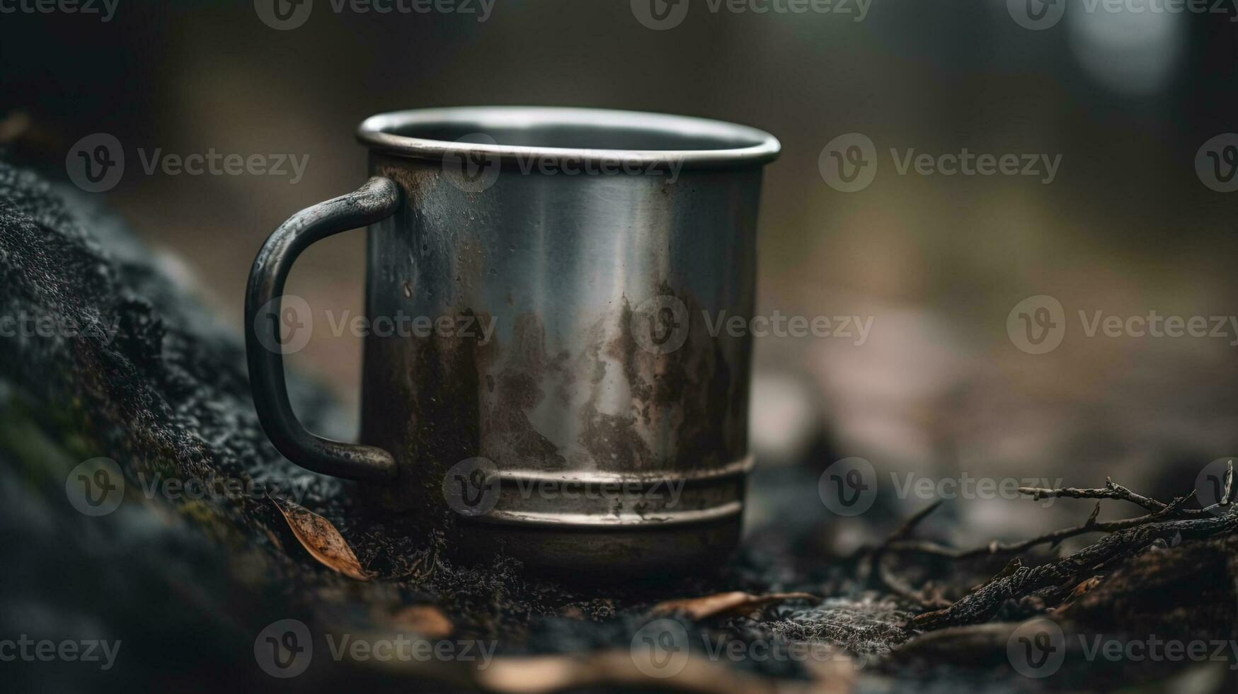 ai gerado fechar-se do uma metal velho oxidado caneca dentro a floresta foto