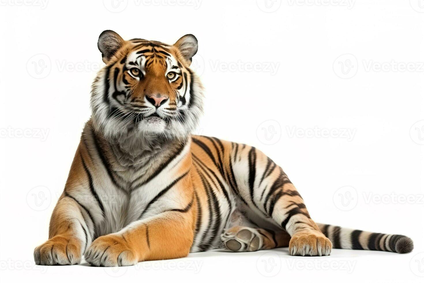 ai gerado adulto deitado baixa tigre isolado em branco fundo foto