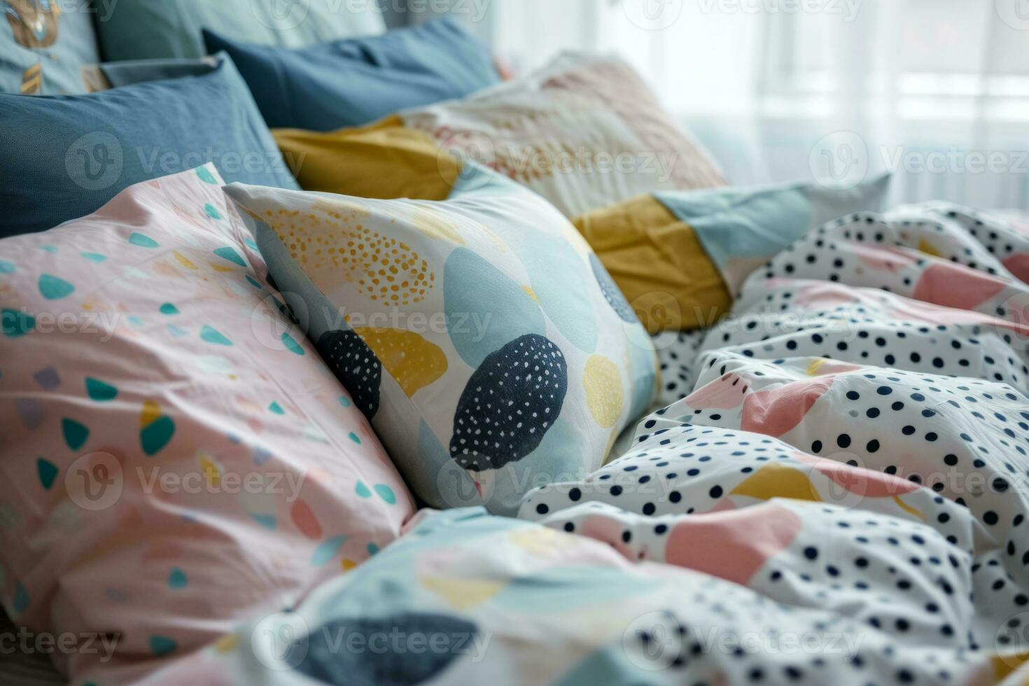 ai gerado suave roupa de cama conjunto com almofadas dentro pastel cores. colorida cama linho. generativo ai foto