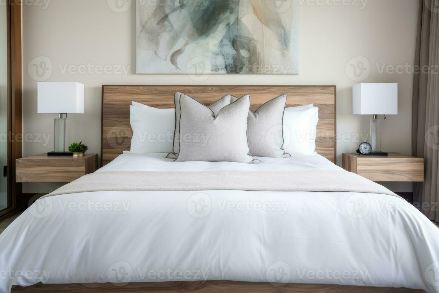 ai gerado moderno quarto com uma travesseiro topo cama e linho roupa de cama. generativo ai foto