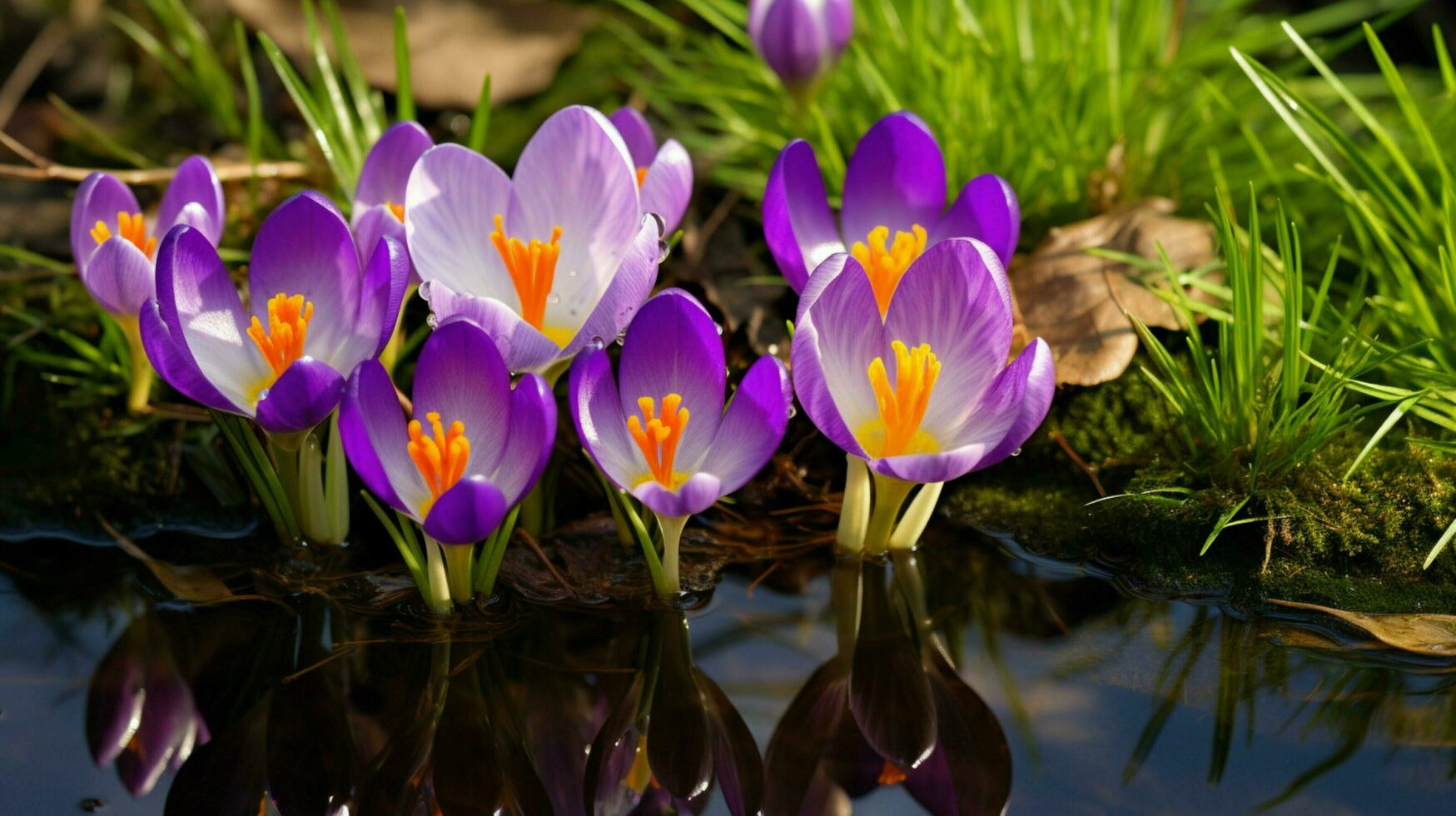 ai gerado vibrante açafrão Flor dentro molhado Relva refletindo beleza foto