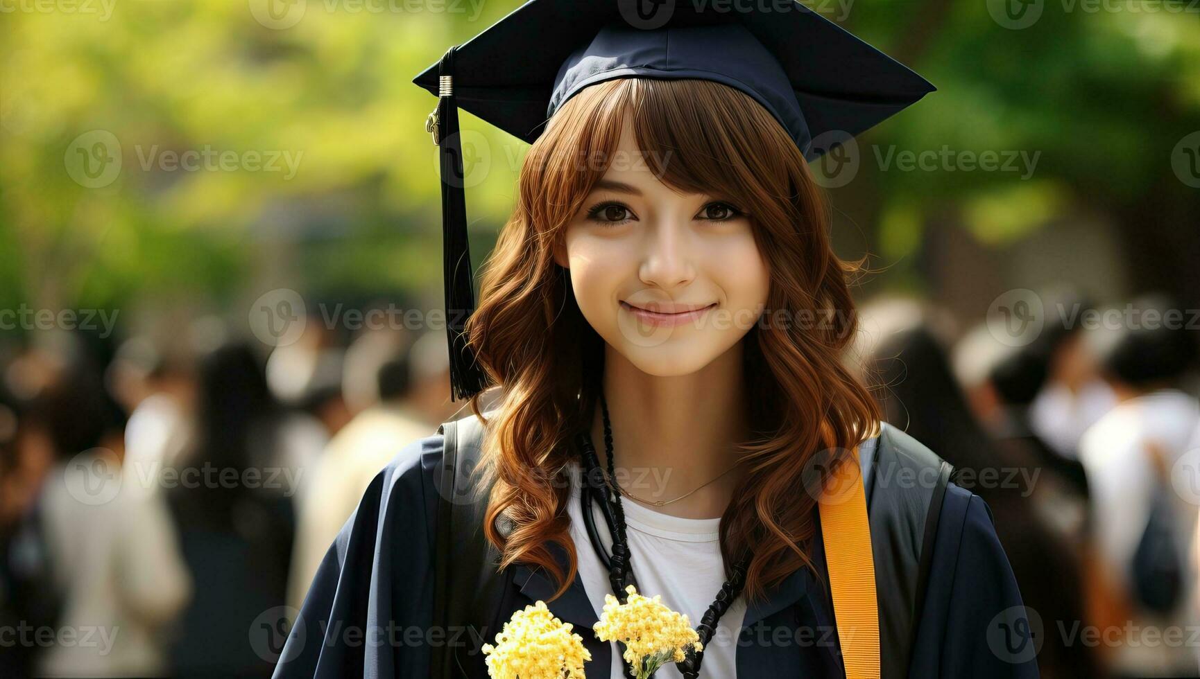 ai gerado ásia jovem mulher dentro graduação boné e vestido com sorrir foto