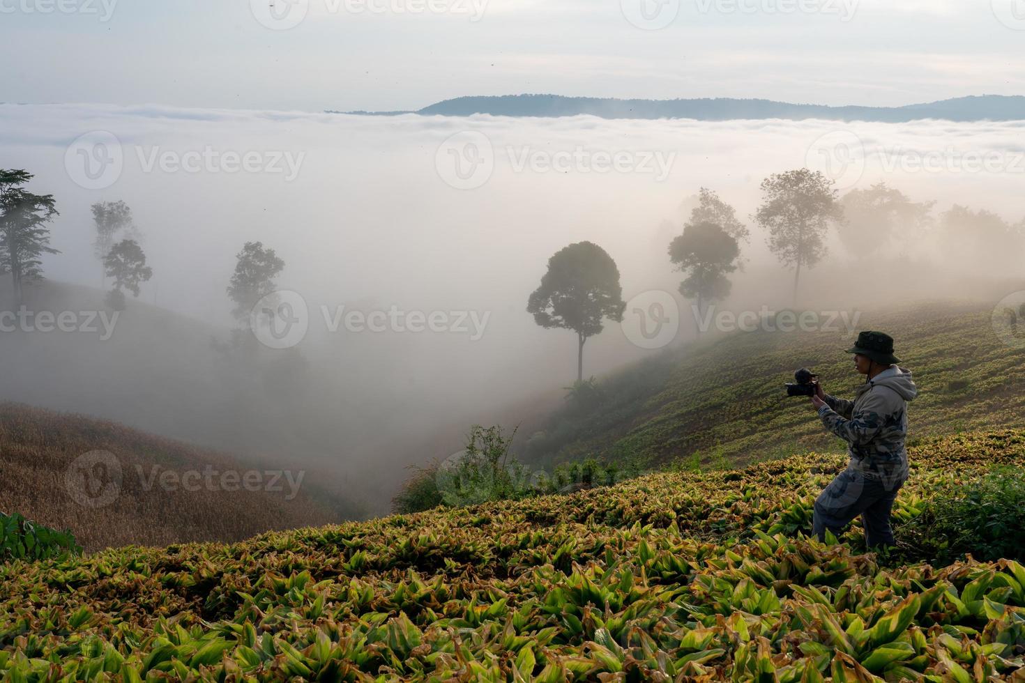 blogueiro de viagens filmando conteúdo de vídeo no local da montanha na província de loei, na Tailândia. foto