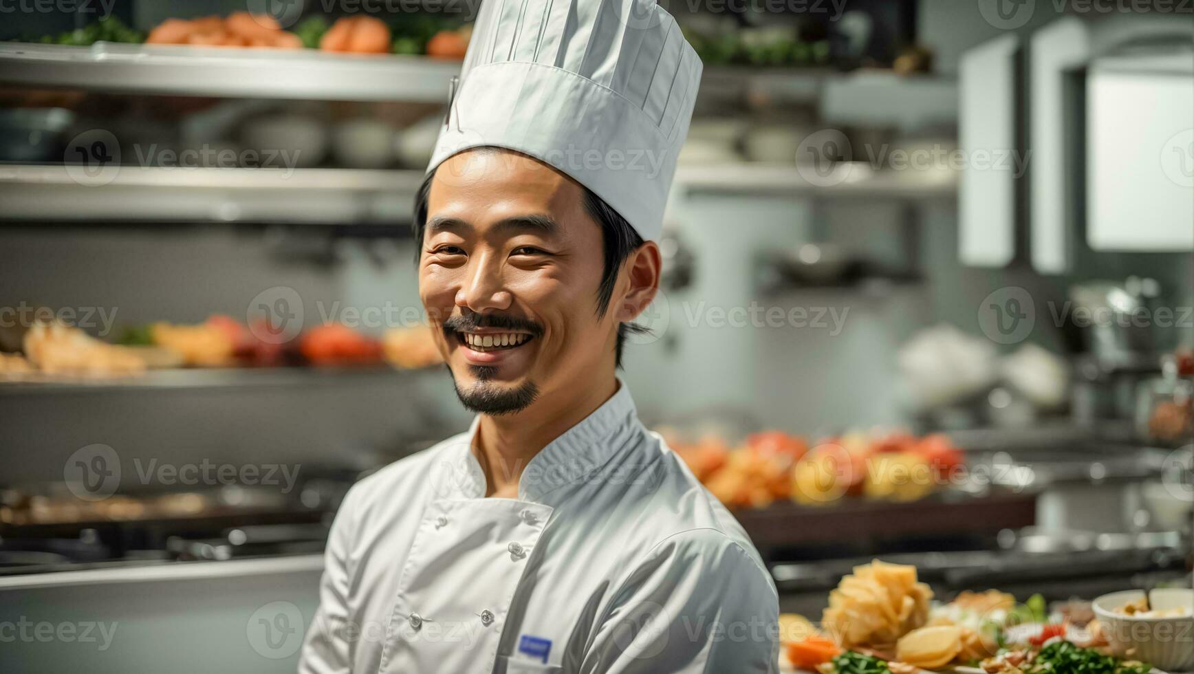 ai gerado feliz ásia masculino cozinhar dentro cozinha foto