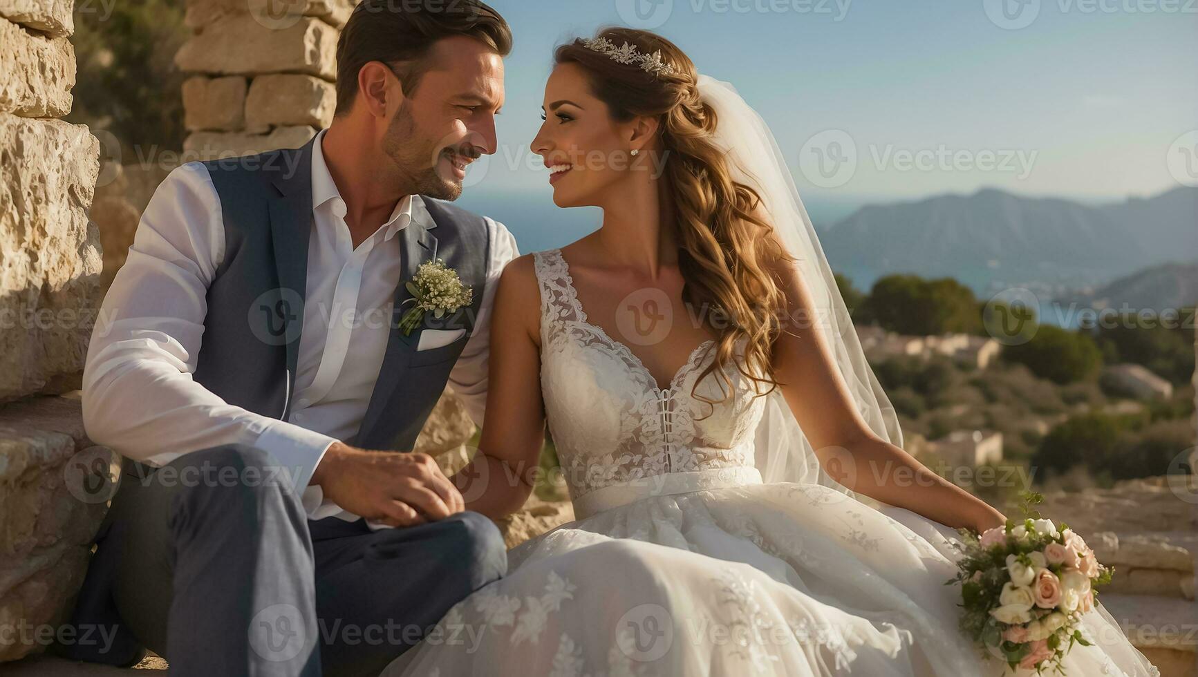 ai gerado retrato do uma feliz recém-casado casal em a verão rua foto