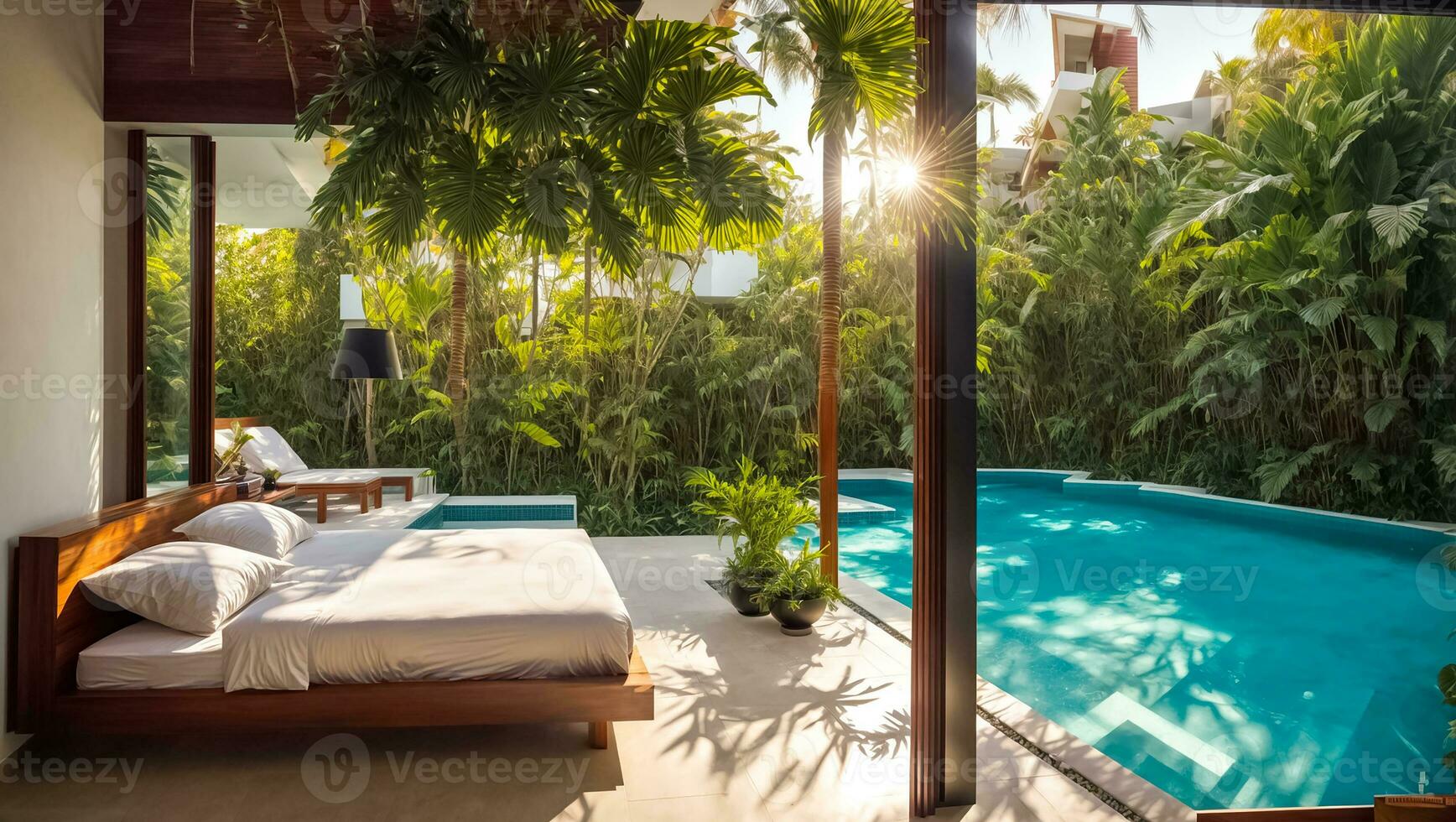 ai gerado quarto com piscina, tropical plantas foto