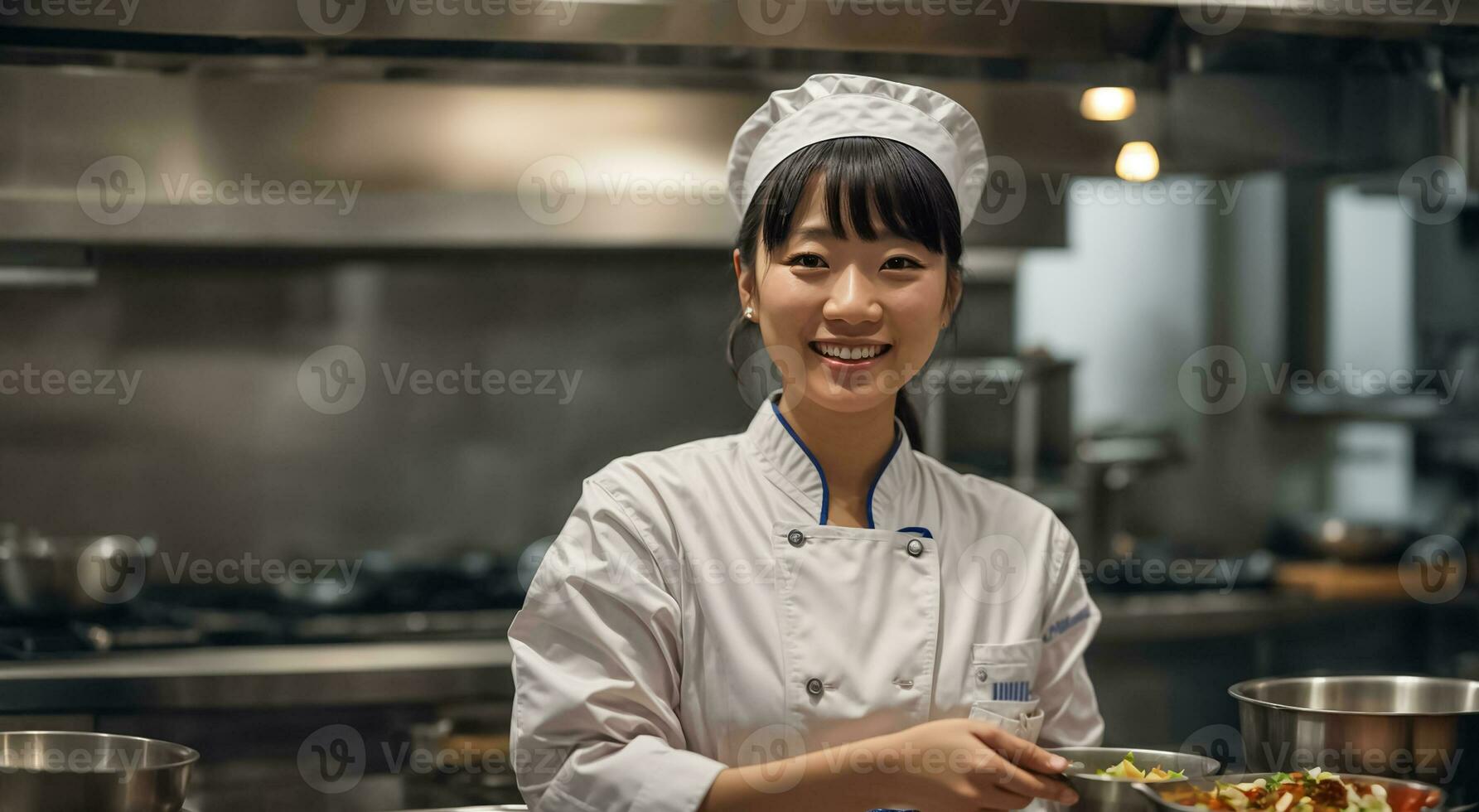 ai gerado feliz ásia mulher cozinhar dentro restaurante cozinha foto