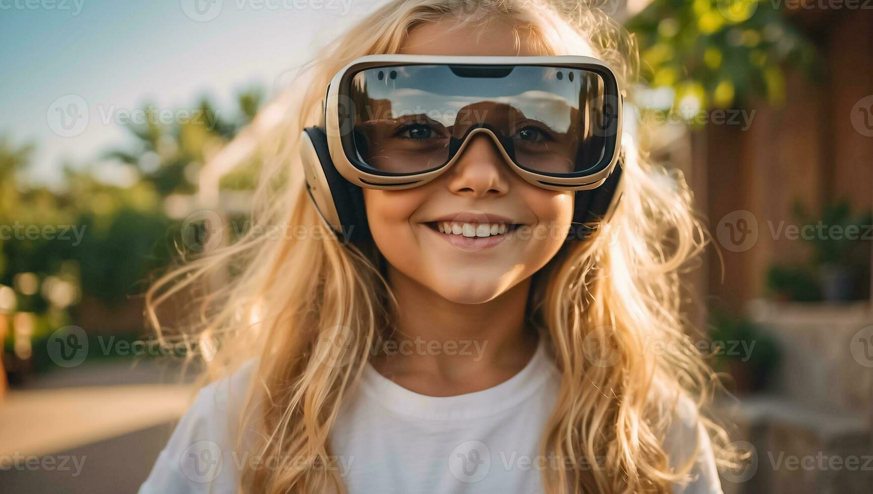 ai gerado menina dentro virtual realidade óculos em a ruas dentro verão foto