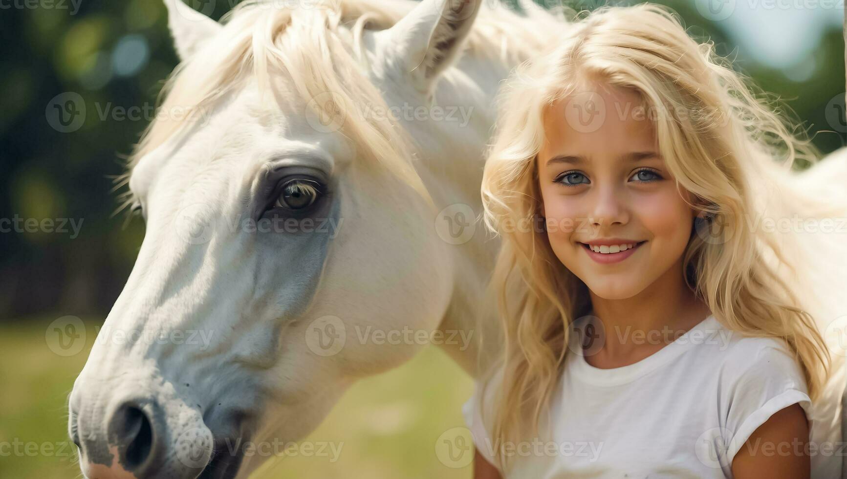 ai gerado retrato do uma pequeno menina com uma cavalo dentro natureza foto
