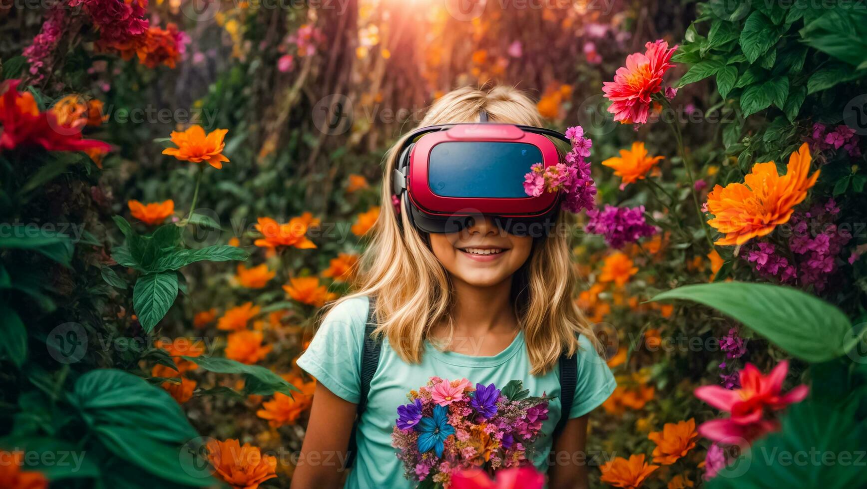 ai gerado pequeno menina vestindo virtual realidade óculos dentro a floresta, flores foto