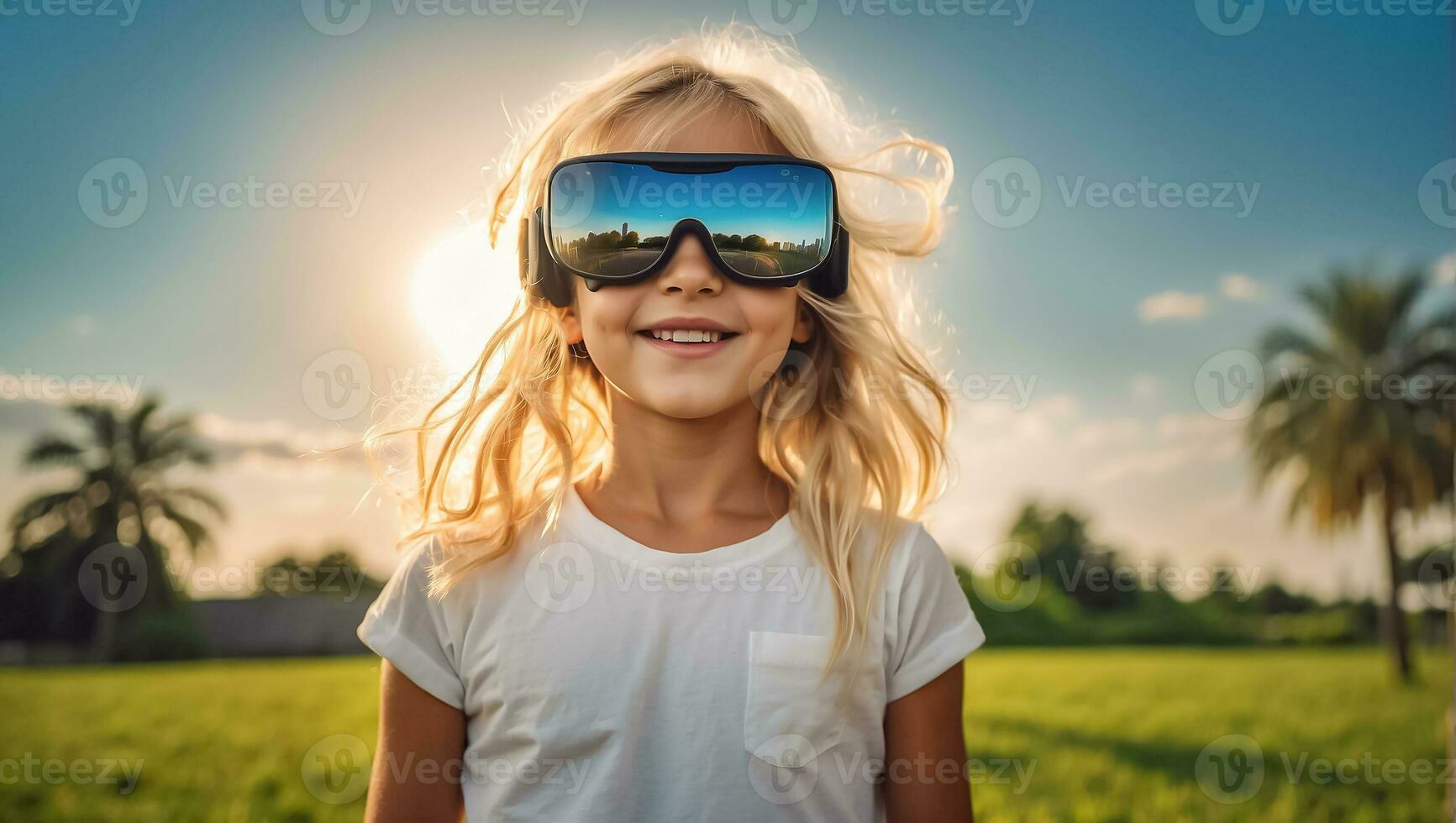 ai gerado menina dentro virtual realidade óculos em a ruas dentro verão foto