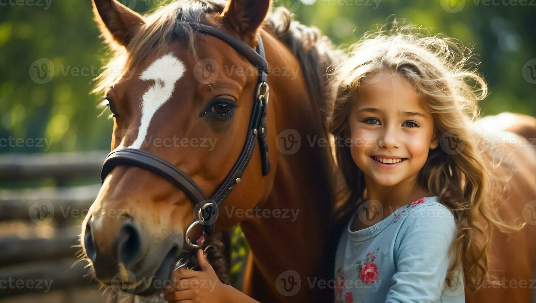 ai gerado retrato do uma pequeno menina com uma cavalo dentro natureza foto