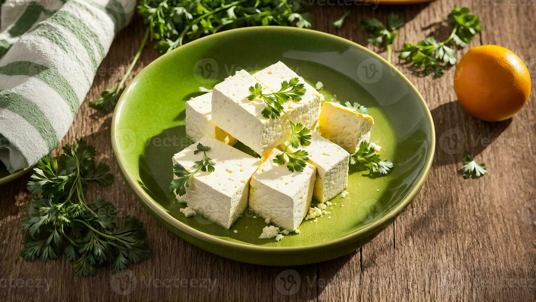 ai gerado fresco tofu queijo com salsinha dentro a cozinha foto