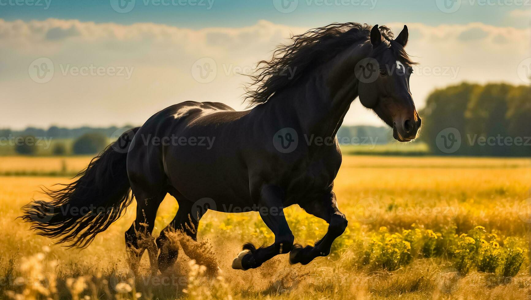 ai gerado lindo Sombrio cavalo corre dentro natureza foto