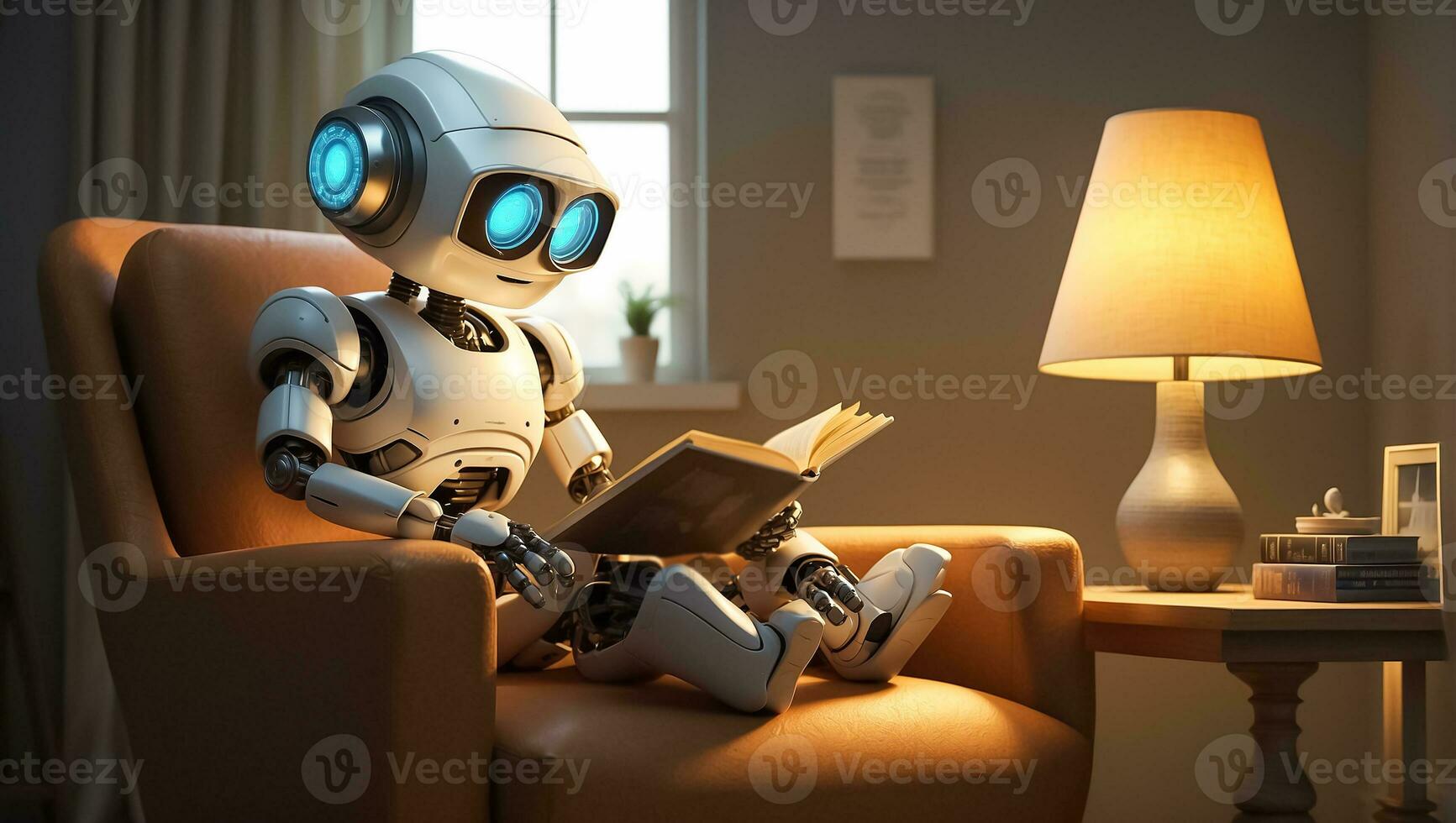 ai gerado robô lendo uma livro dentro a quarto foto