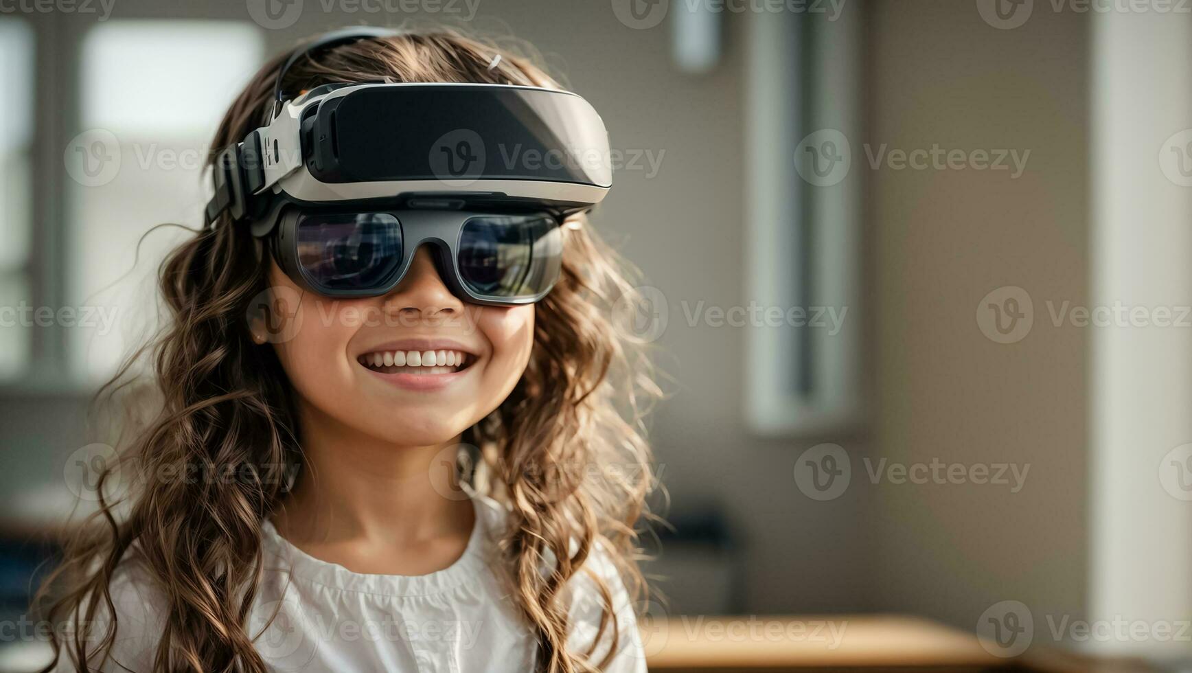 ai gerado estudante vestindo virtual realidade óculos dentro classe foto