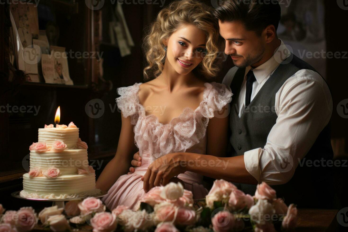 ai gerado casal goza doce guloseimas dentro uma vintage gelo creme salão, noivado, Casamento e aniversário imagem foto