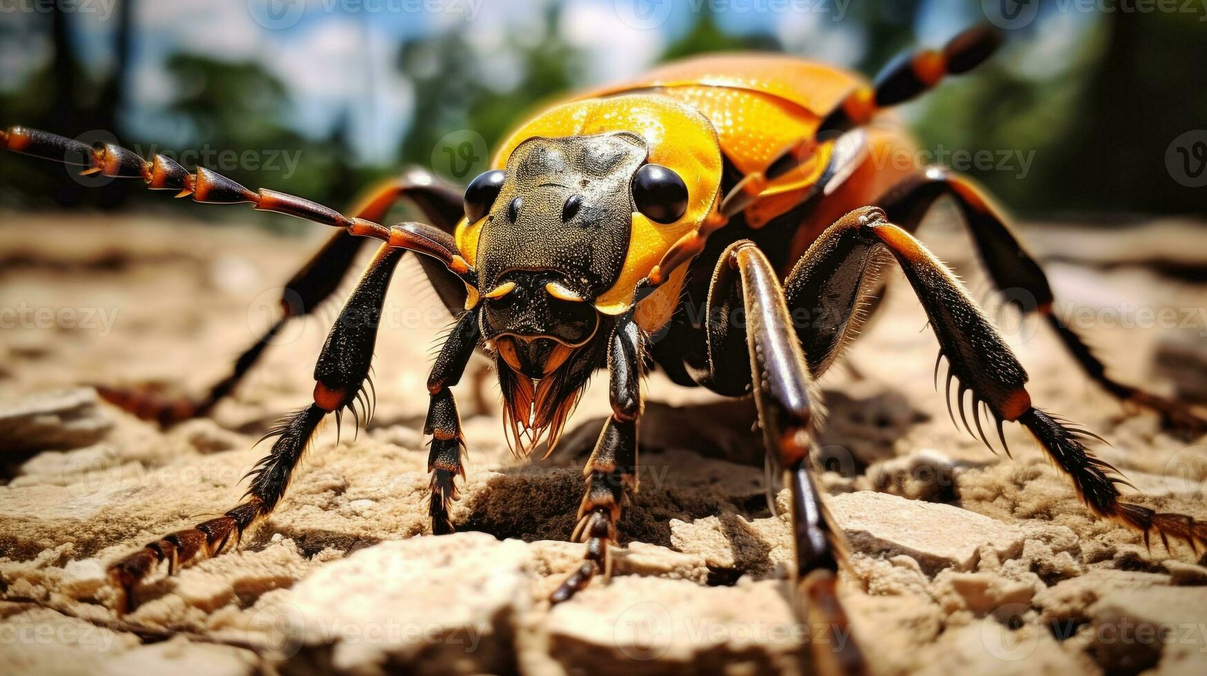 ai gerado foto do citrino de chifre longo besouro em uma chão. generativo ai