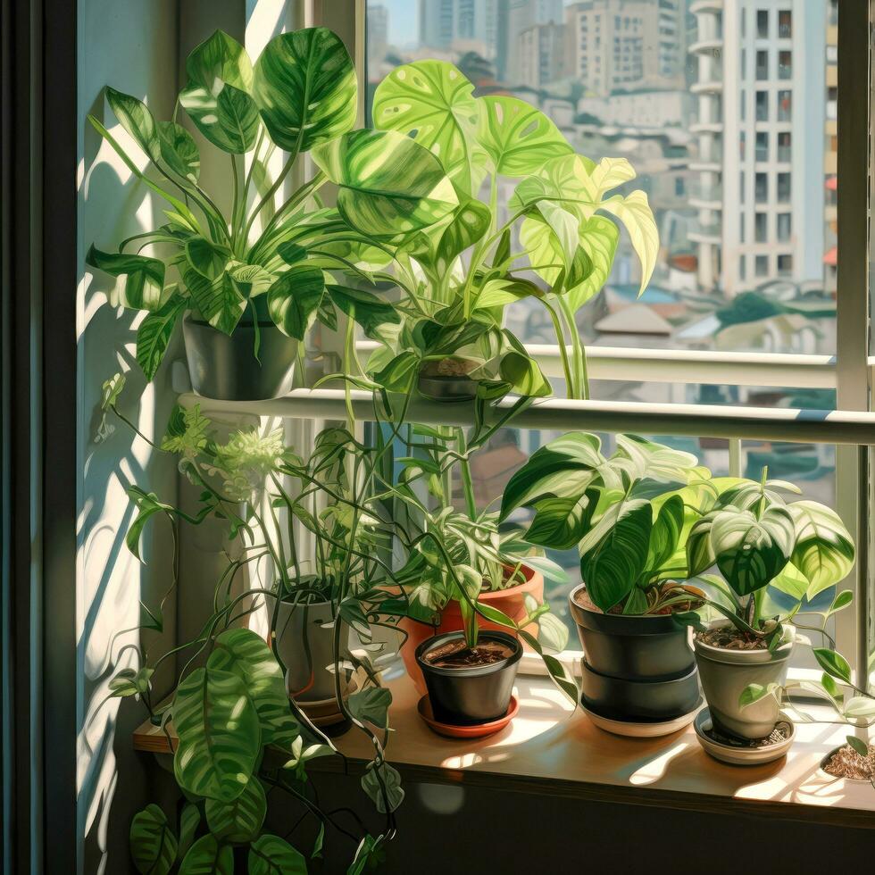 ai gerado verde interior plantas dentro Castanho argila panelas em a velho de madeira janela. fícus, monstera e liana. fechar-se, cópia de colar foto