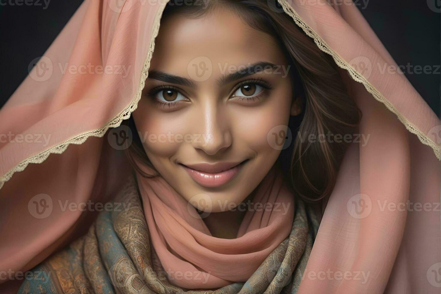 ai gerado lindo muçulmano mulher sorridente e rindo vestindo uma hijab e decorado xaile foto