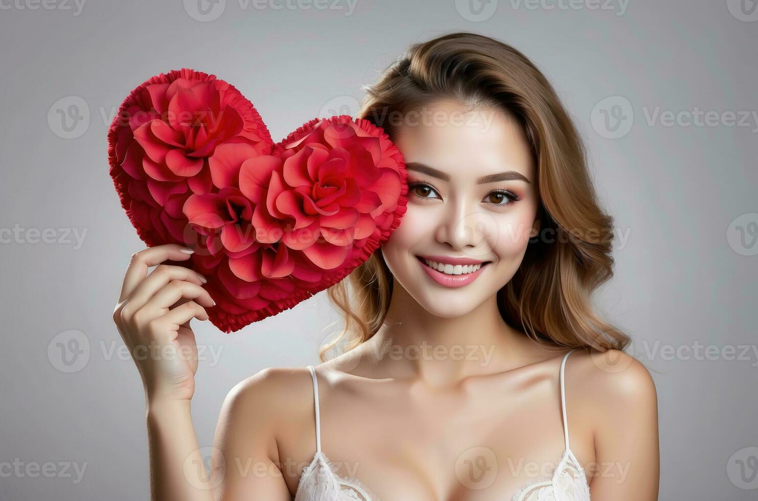ai gerado celebração para dia dos namorados dia com lindo jovem mulher detém uma vermelho coração dentro dela mãos. foto
