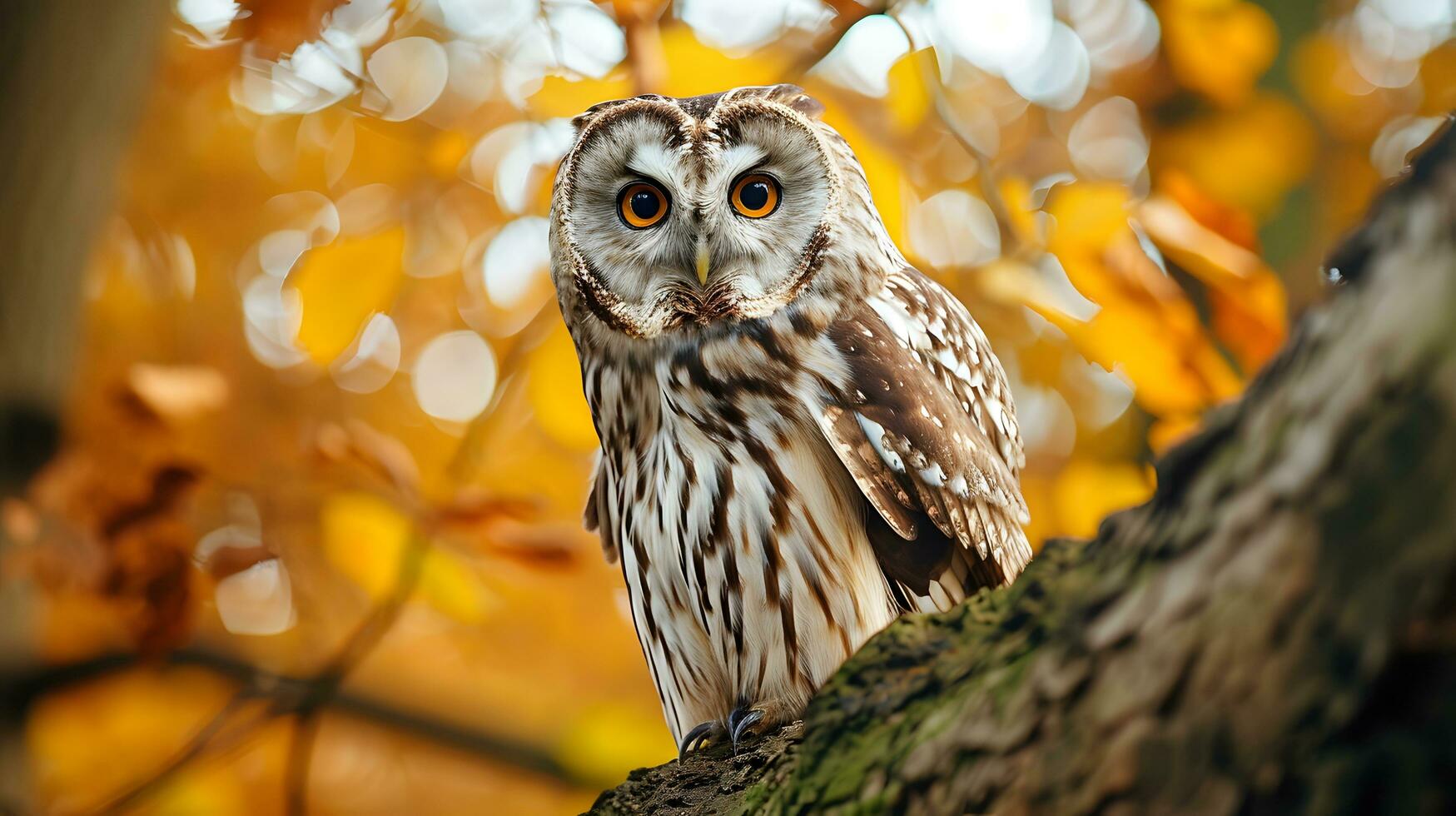 ai gerado intenso olhar do uma floresta coruja em meio a outono folhas foto