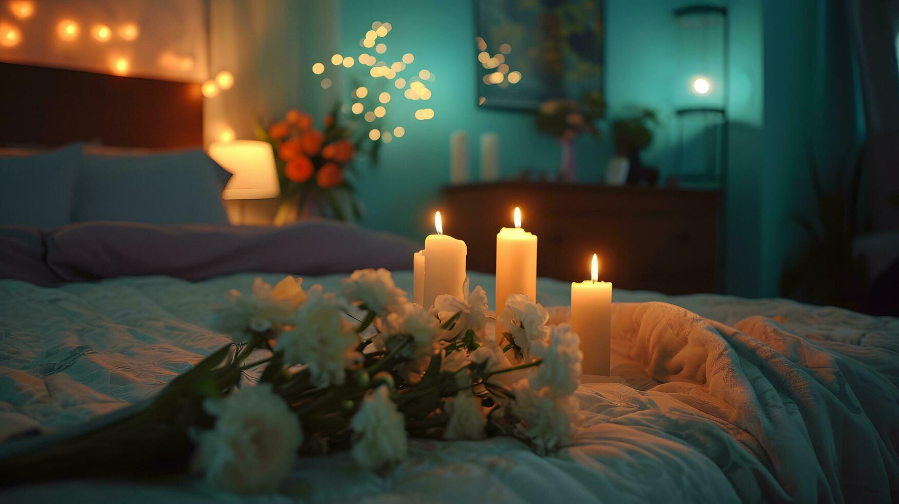 ai gerado suave vela brilho em cama com fresco branco flores foto