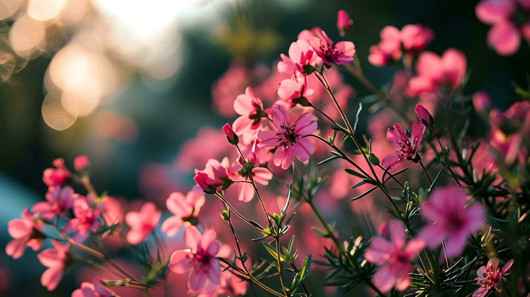 ai gerado etéreo Rosa pétalas dentro dourado pôr do sol luz foto