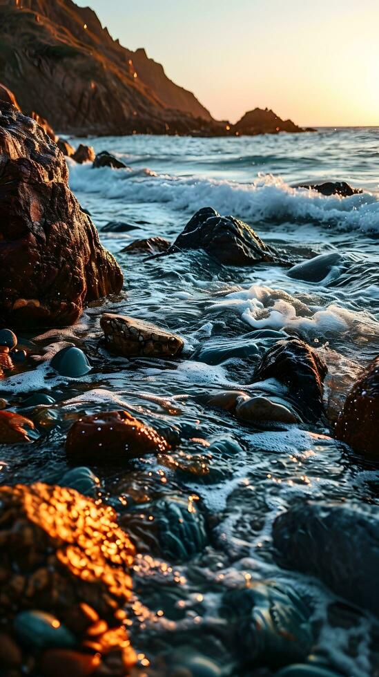 ai gerado pôr do sol matizes dançando em rochoso Beira Mar ondas foto