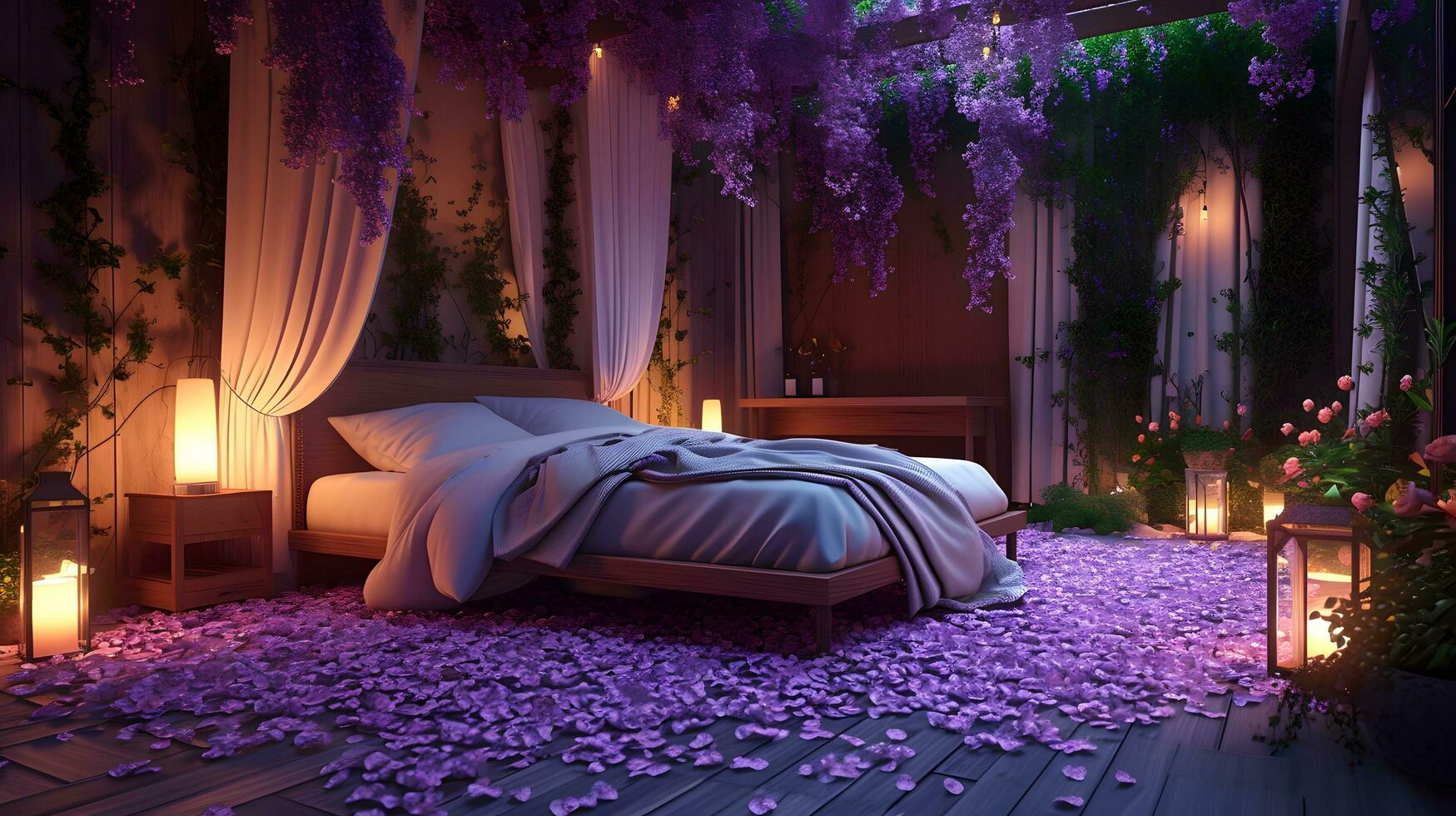 ai gerado encantado noite dentro uma floral caramanchão do lavanda felicidade foto