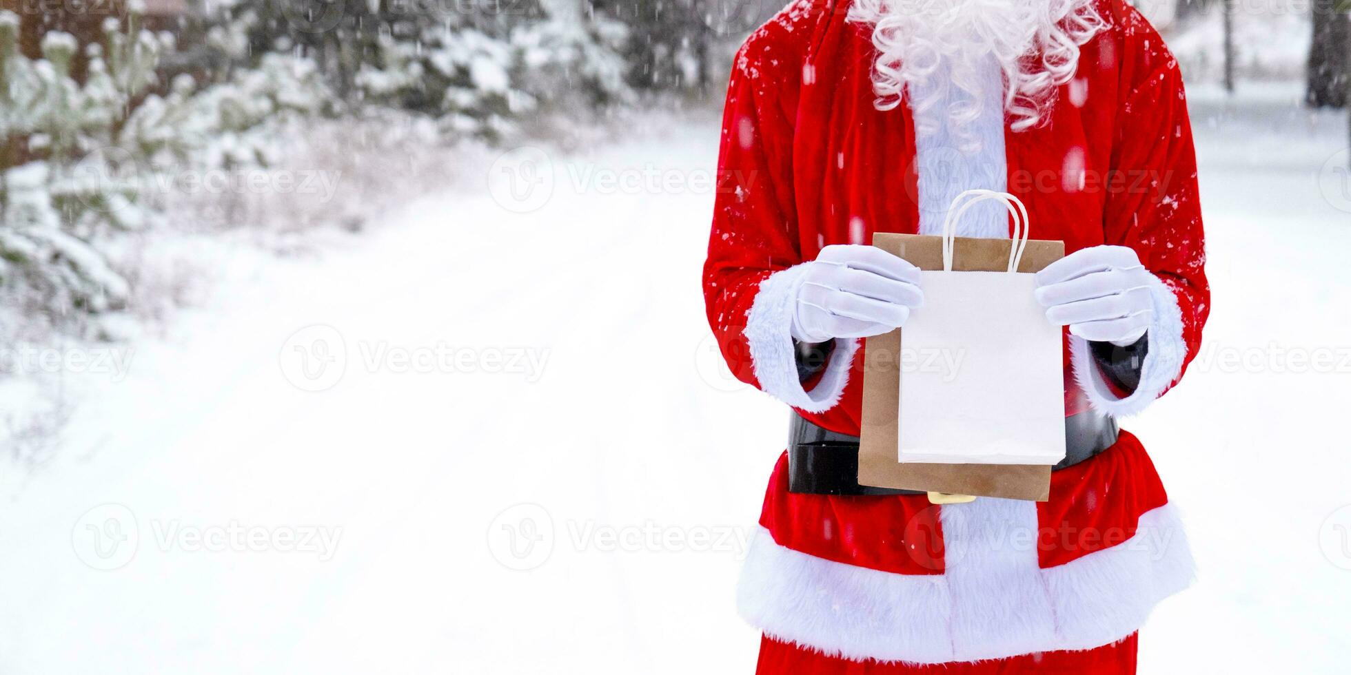 santa claus ao ar livre dentro inverno e neve entrega dentro mão eco papel bolsas com construir presente, Comida Entrega. compras, embalagem reciclando, feito à mão, Entrega para Natal e Novo ano foto