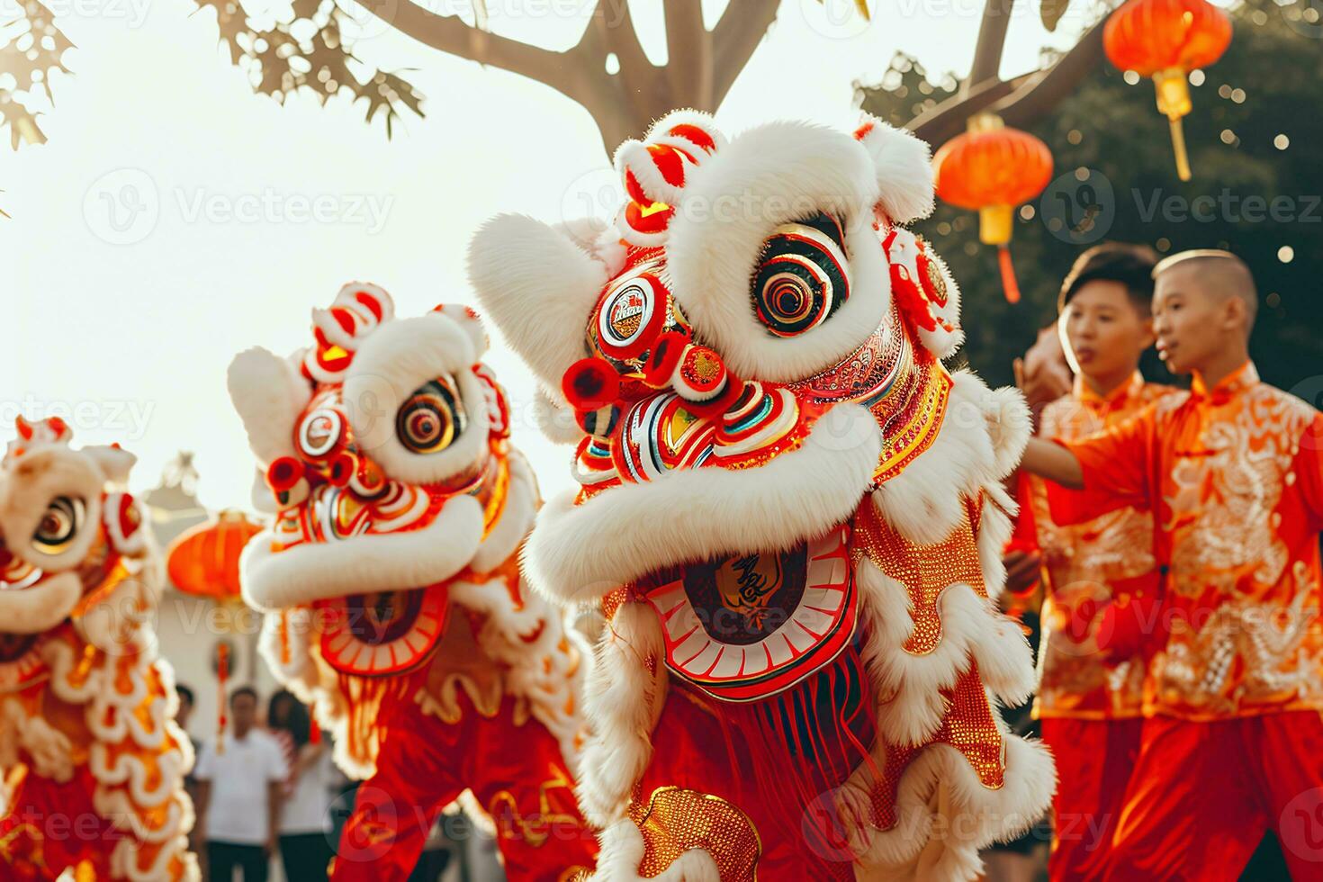 ai gerado leão dança durante chinês Novo ano celebração. executar uma tradicional leão dança foto