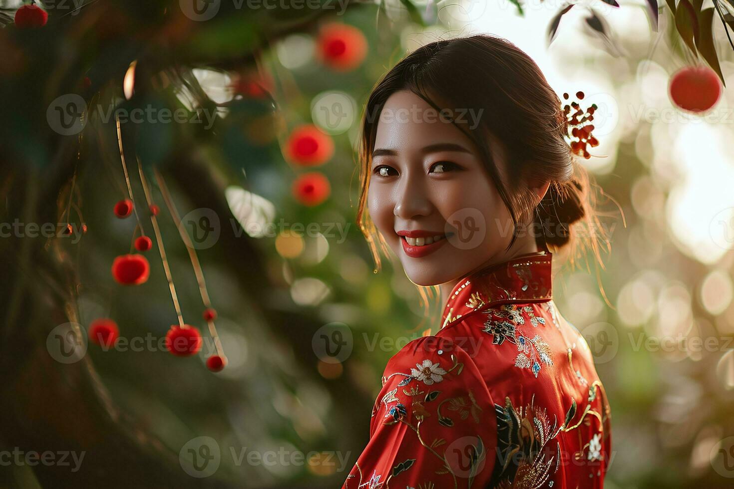 ai gerado imagem do uma jovem ásia mulher vestindo uma vermelho vestir às a chinês Novo ano festival foto