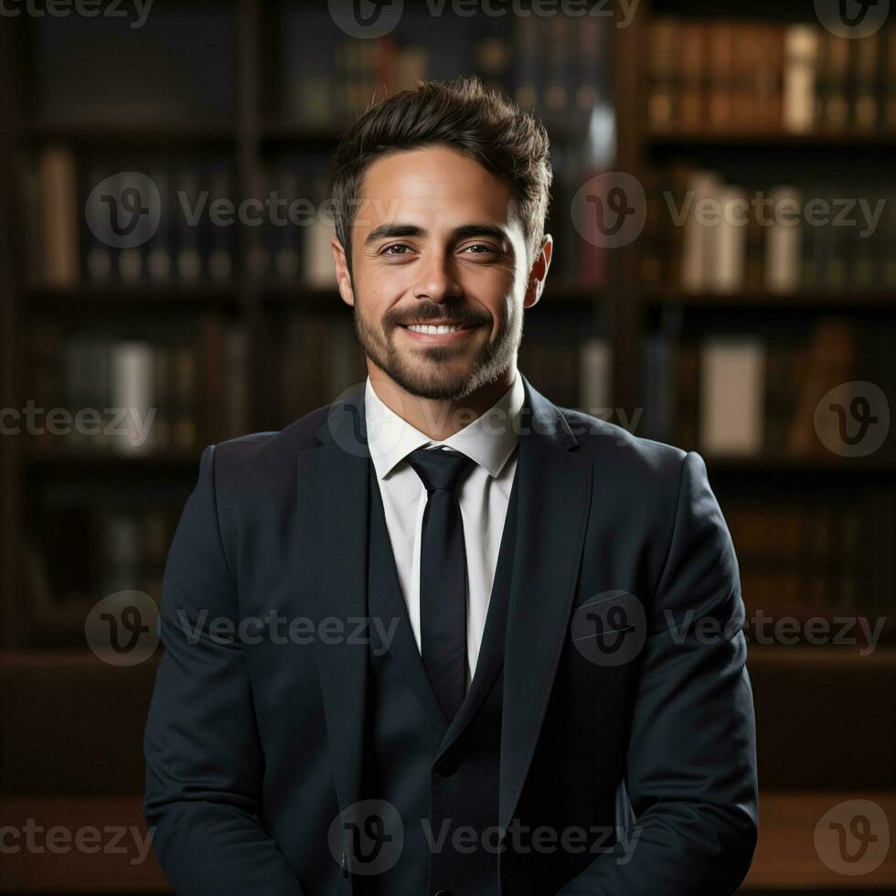 ai gerado foto do bonito feliz homem contra uma biblioteca estante de livros fundo. advogado, gerente, homem de negocios conceito. bem sucedido manin uma terno, escritório local de trabalho