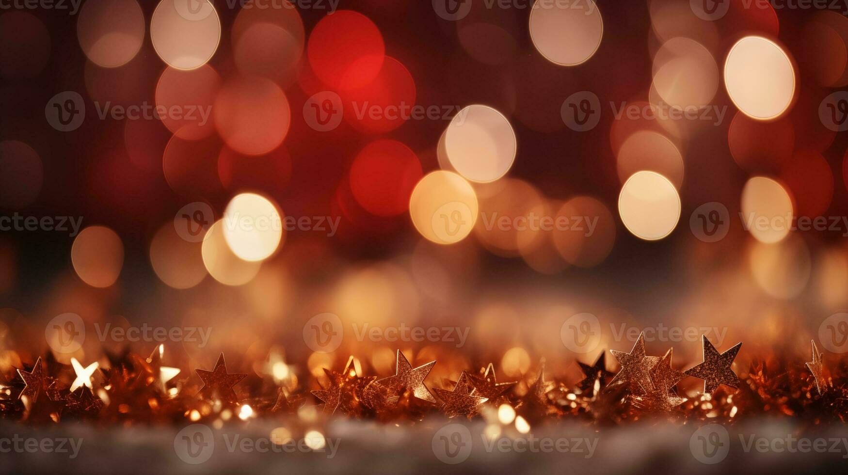 ai gerado festivo vermelho bokeh fundo com cintilante luzes dourado estrelas, perfeito para Natal e Novo anos véspera festas. conceito do uma deslumbrante feriado temporada. foto
