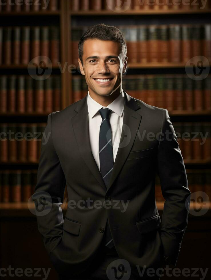 ai gerado foto do bonito feliz homem contra uma biblioteca estante de livros fundo. advogado, gerente, homem de negocios conceito. bem sucedido manin uma terno, escritório local de trabalho