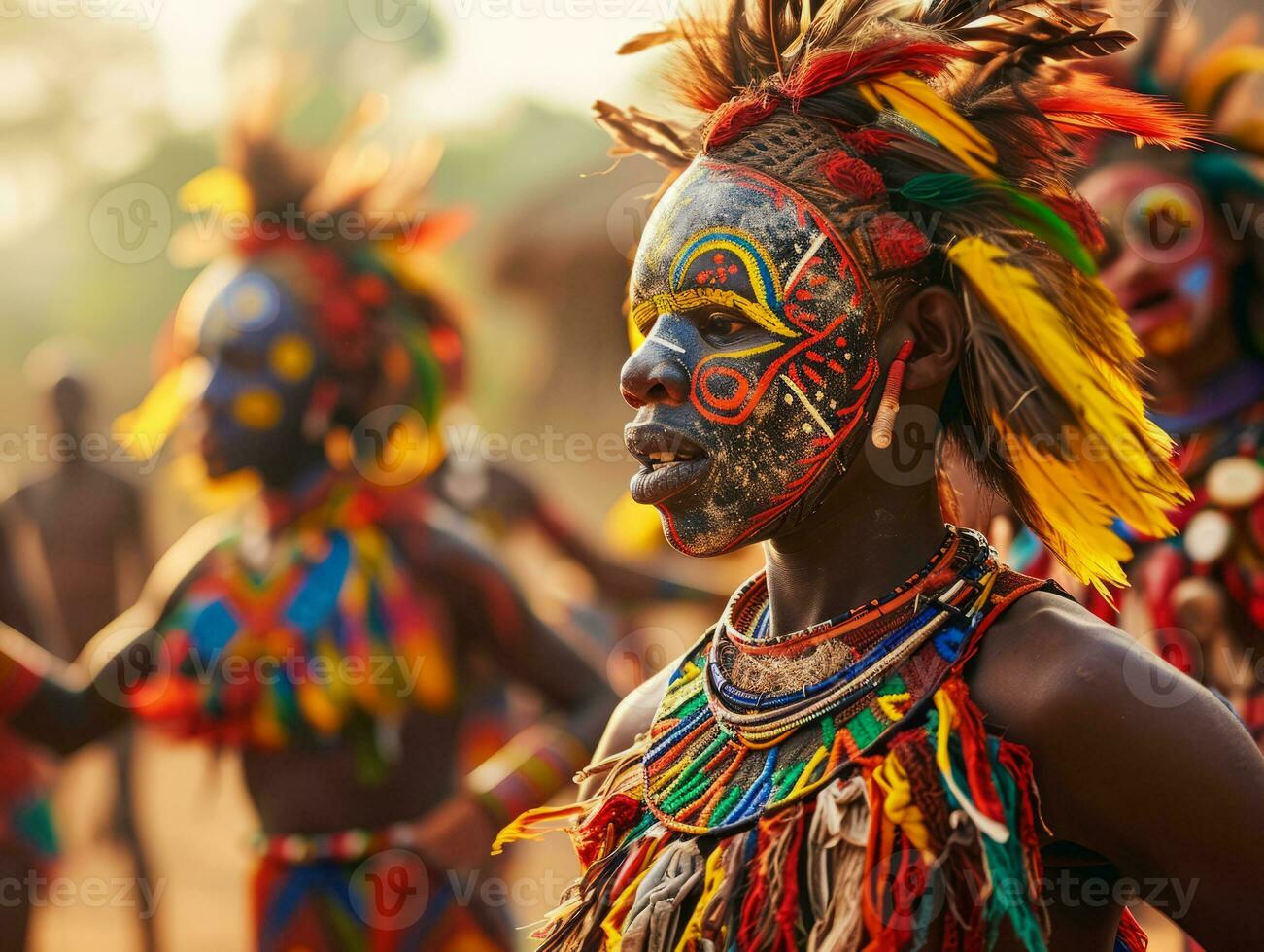 ai gerado nativo tribal indígena africano pessoas dançando dentro máscaras e fantasias com pintado rostos foto