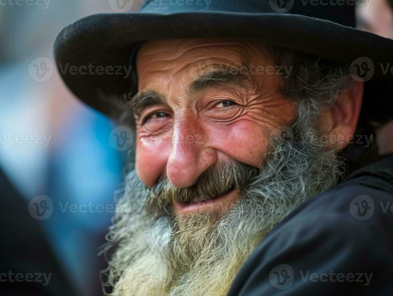 ai gerado sorridente judeus judaico ortodoxo homens vestido dentro Preto roupas e chapéus foto