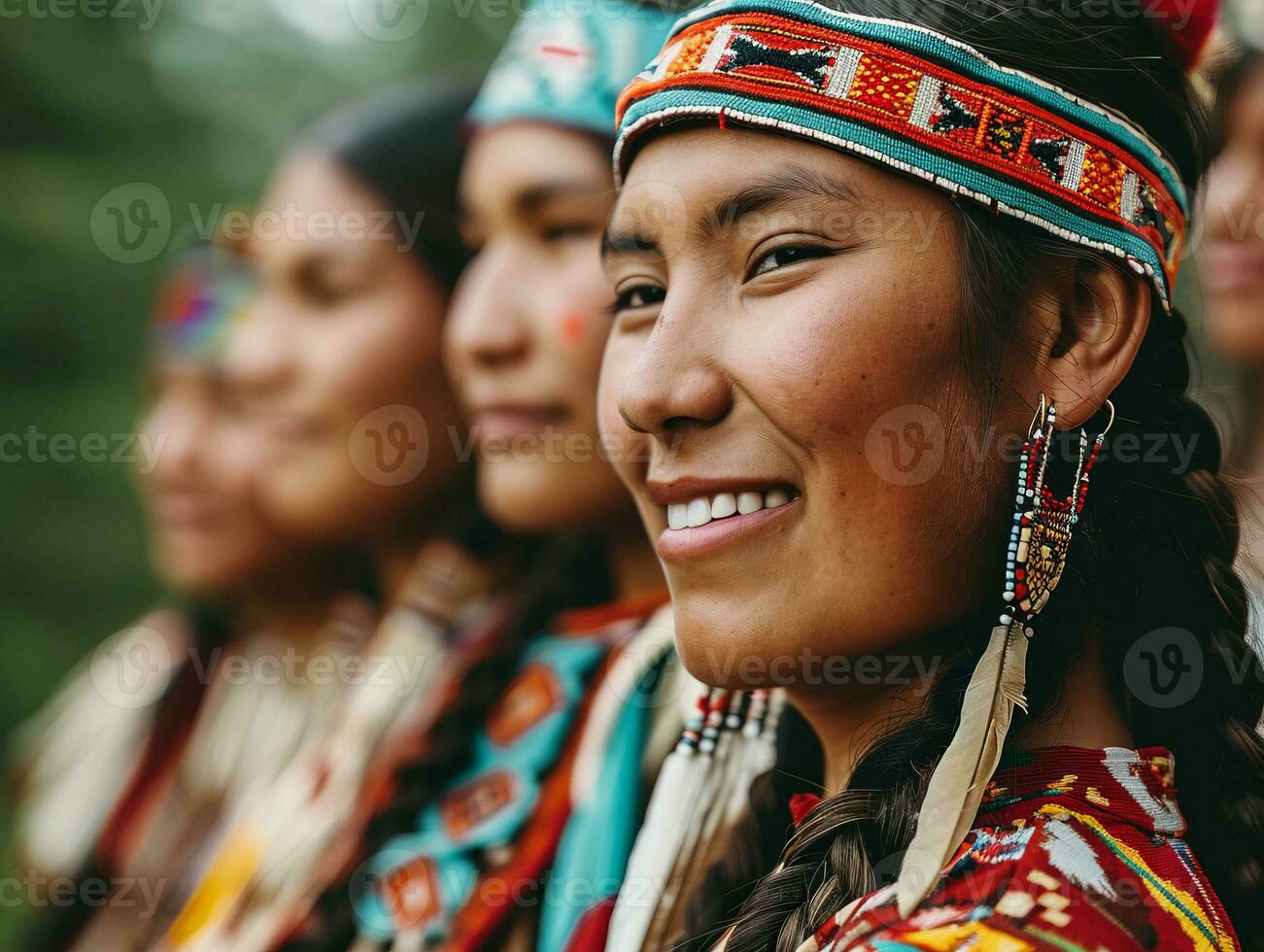 ai gerado sorridente nativo indígena pessoas do Canadá vestido dentro colorida nativo roupas foto