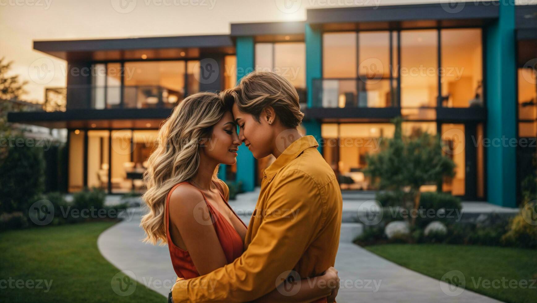 ai gerado feliz casal casa os Proprietários dentro frente do casa elas comprado. conceito do casa propriedade e felicidade foto