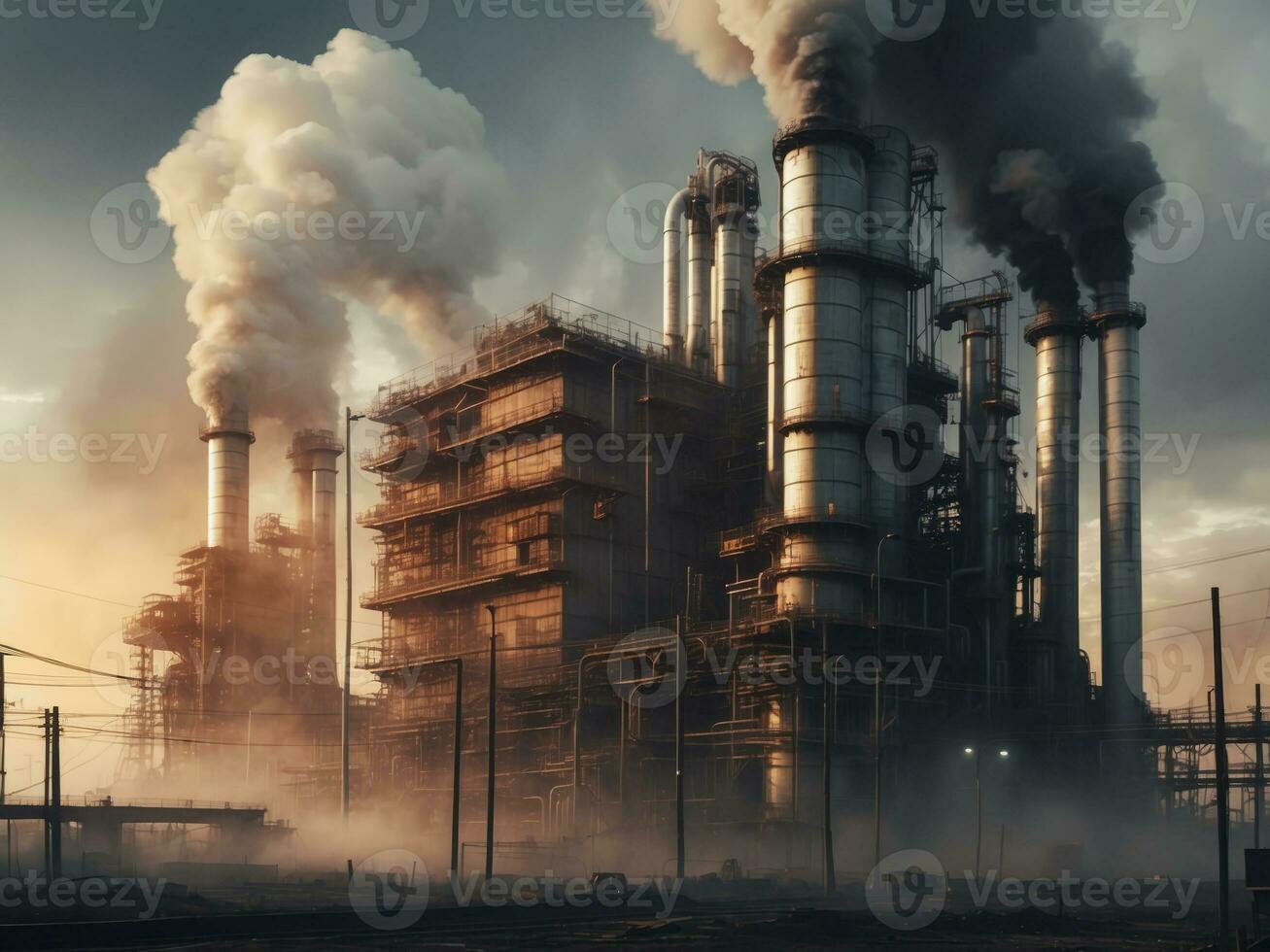 ai gerado industrial fábrica refinaria produzindo uma muitos do poluição, pluma do fuma poluente ozônio camada foto