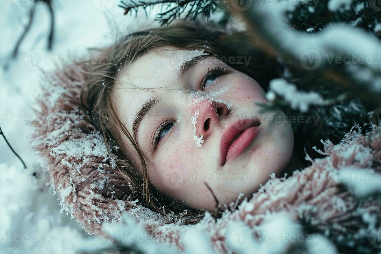 ai gerado jovem menina com fechadas olhos mentiras dentro a neve, dela face pacífico. flocos de neve decorar dela cabelo e inverno casaco. dela bochechas estão rosado a partir de a frio. foto