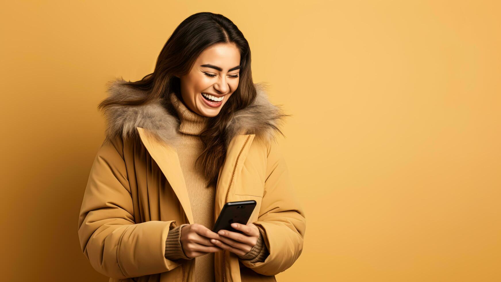 ai gerado jovem hispânico mulher usando Smartphone e rindo. feliz atraente fêmea dentro inverno roupas isolado em amarelo fundo com cópia de espaço foto