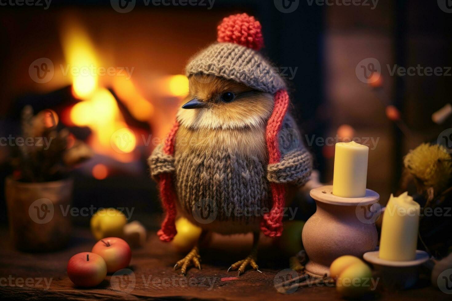 ai gerado uma pequeno pássaro vestindo uma tricotado chapéu e cachecol perto velas com uma suave brilho, contra a pano de fundo do uma □ Gentil fogo foto