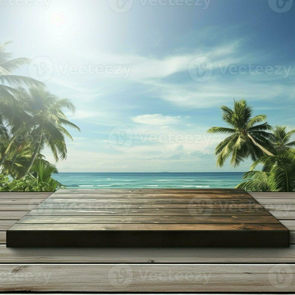 ai gerado uma de madeira plataforma negligenciar lindo de praia e mar cenário, sereno visualizar, brincar com cópia de espaço foto