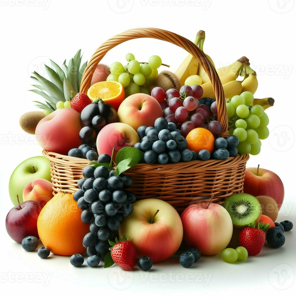 ai gerado frutas dentro uma cesta isolado em branco fundo foto