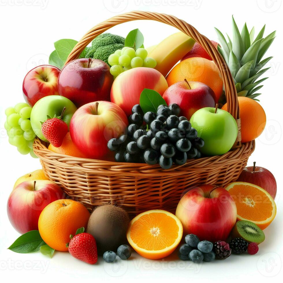 ai gerado frutas dentro uma cesta isolado em branco fundo foto