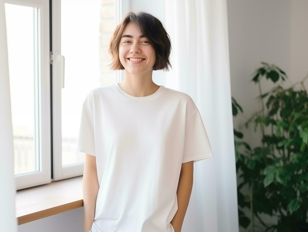 ai gerado atraente jovem mulher vestindo em branco esvaziar grande demais branco camiseta brincar para Projeto modelo foto